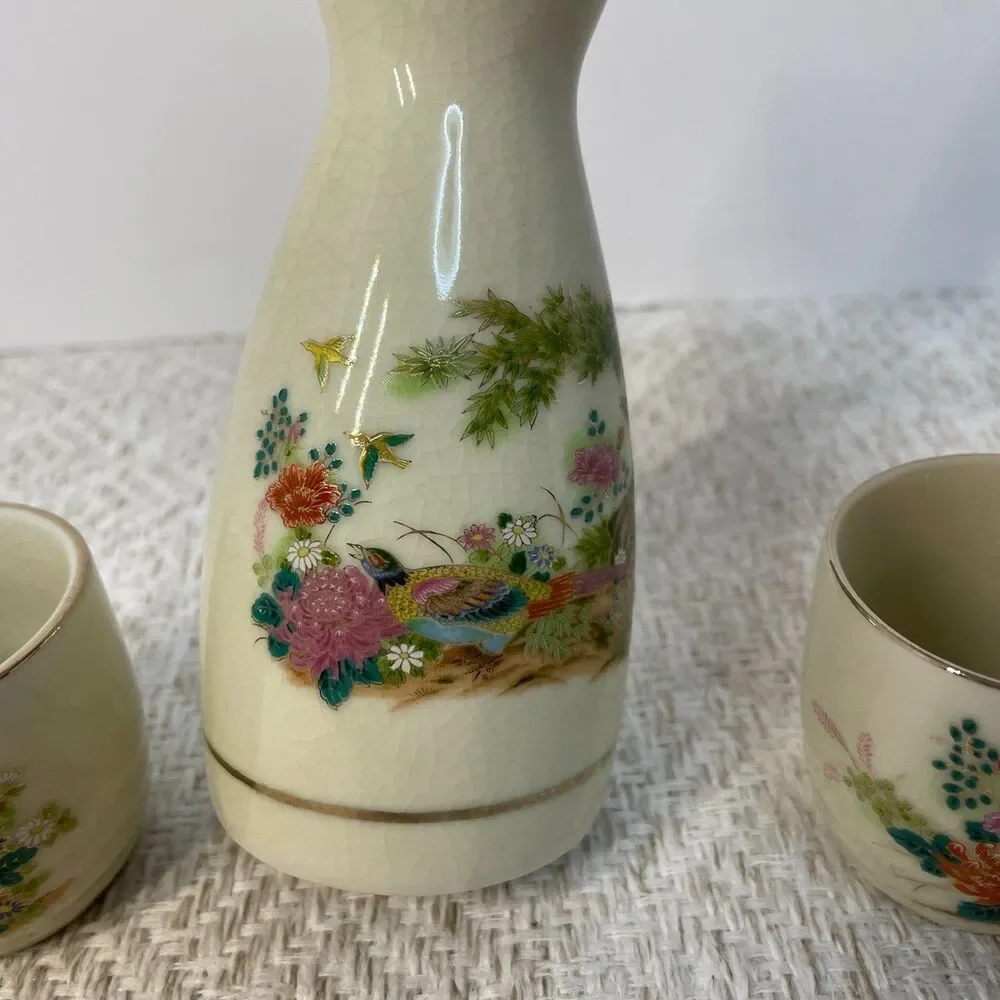 Vintage Japanese Birds & Floral Scene Sake Set for 3 Persons **READ**